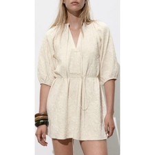 Zara Cream Textured Tie Neck Balloon Sleeve Mini Dress Large