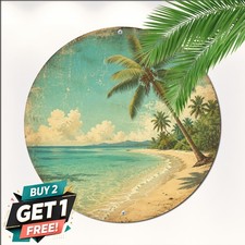 Tropical Palm Tree Sunset Coast Beach Round Metal Sign Island Restaurant Tin Art