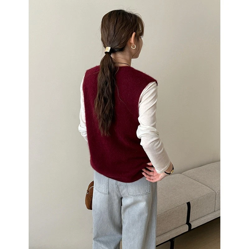 Women's Wool Cashmere Deep V Neck Sleeveless Vest Tank Top Knit Sweater Pullover - Image 2 of 4