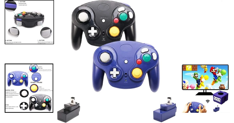 Controladores GameCube inalámbricos dobles - Gamepads 2.4G para Wii y NGC, negro/azul Foto 2 de 4