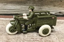 Hubley Green Motorcycle Cast Iron Crash Car with Toy Rider