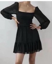 Aritzia & Wilfred Tempest Black Mini Dress Smocked Bodice Tiered Chiffon Size XS