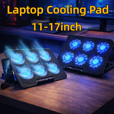 USB Laptop Cooling Pad Stand Notebook PC Quiet Cooler 6 Fan Blue LED for 11 -17 