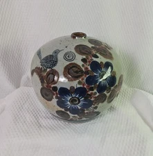 VTG Tonala Mexican Pottery Vase Flowers Bird Butterfly 6" Tall Signed EUC 