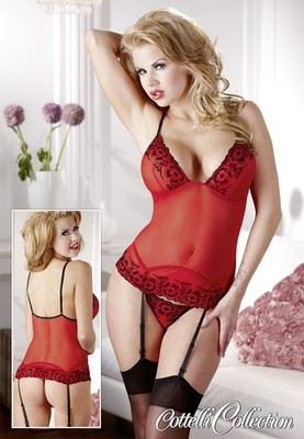 Strapshemd Set in Rot - Powernet mit Blumen Flockprint - Top Qualität