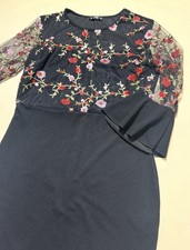 SHEIN Plus Size 1XL Dress Womens BlackFloral Embroidered Mesh Bell Sleeve Short