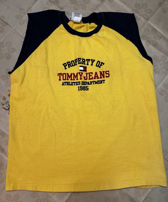 Tommy Jeans Men s L Yellow/Navy Sleeveless Crew Neck Logo Graphic Colorblock Tee