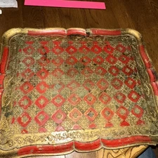Vtg Gold Florentine Gilt Wood Tray 18”x15” Gold And Red Rectangular Scalloped