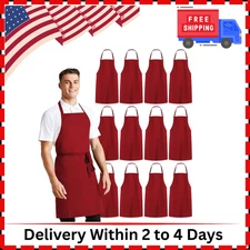 Apron 12 Pack Bulk Red Aprons Perfect Kitchen Cooking Apron Chef Apron for Ma...
