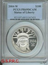 2004-W $100 PLATINUM EAGLE STATUE LIBERTY 1 Oz. PCGS PR69 PF69 PROOF ULTRA CAMEO 3375.00 per troy oz