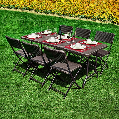 Rattan Garden Dining Table and Chairs Set Folding Camping BBQ Picnic Table Bench - Picture 57 of 57