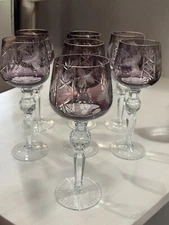 Vintage 1960s Set of 7 Crystal Bohemian Colorful Cut-to-Clear Hock Wine Glasses