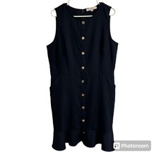 Loft Womens 14 Navy Blue Gold Button Front Zip Back Sleeveless Ruffle Hem Dress
