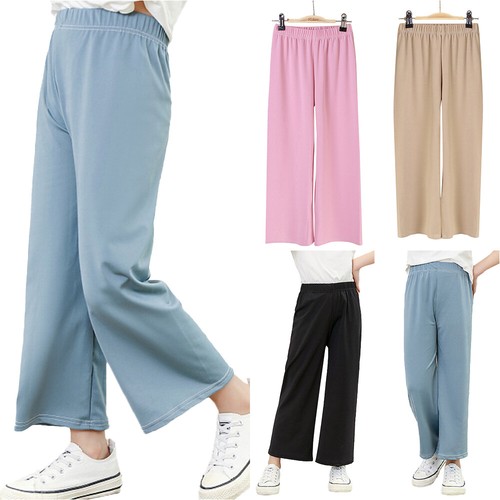 Kid Girls Plain Wide Leg Pants Elastic 