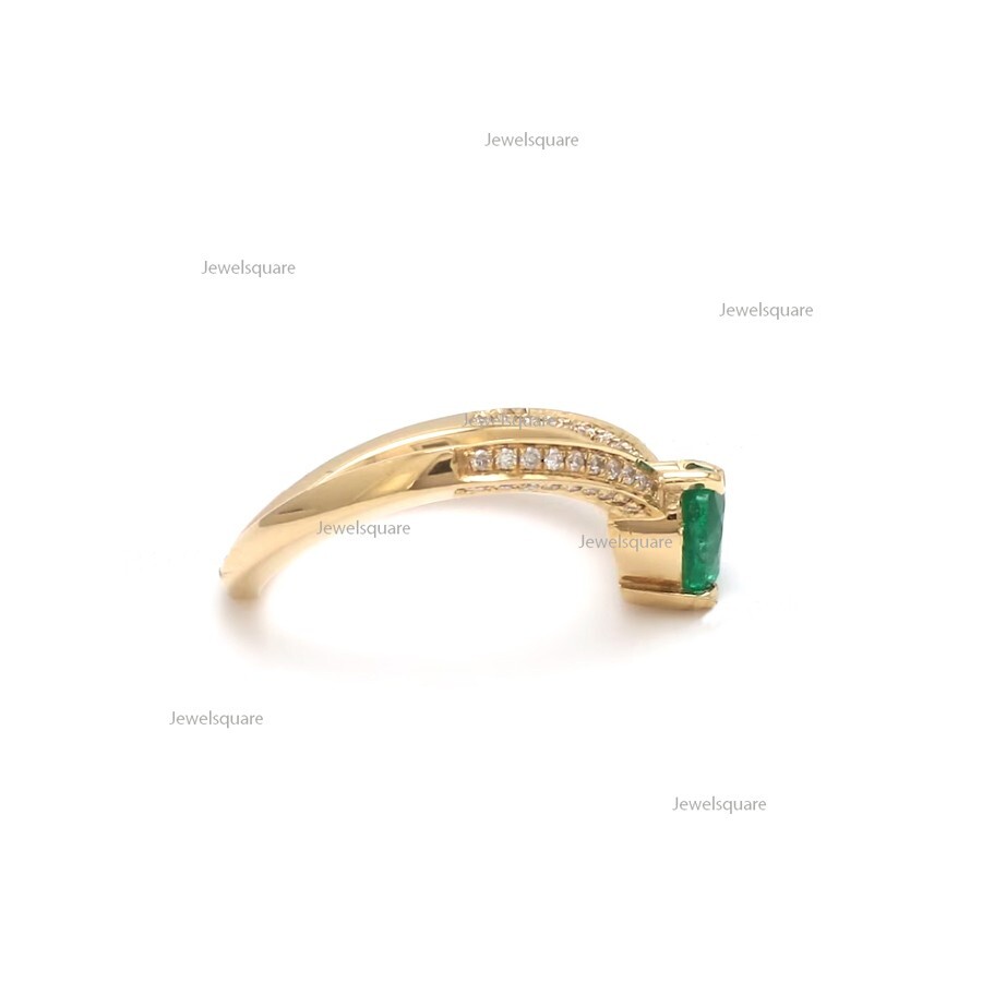 Heart Natural Emerald & Natural Diamond Curve Band Ring 14k Gold Heart