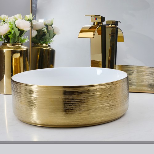 US Round Bathroom Sink Golden Ceramic Basin Waterfall Spout Deck Mount Brass Tap - Picture 5 of 6