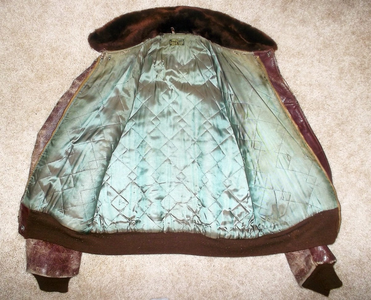 Vtg 1940s HORSEHIDE Mouton Collar A2 WW2 FLIGHT Bomber LEATHER