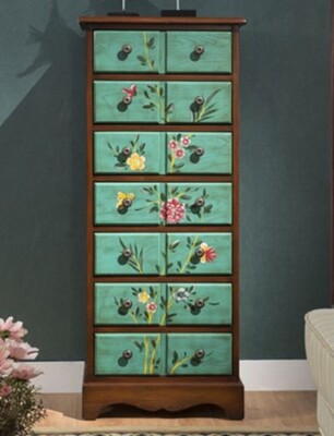Hand Painted Green & Brown Floral Decor Accent Dresser Drawer with 14  Drawers | eBay