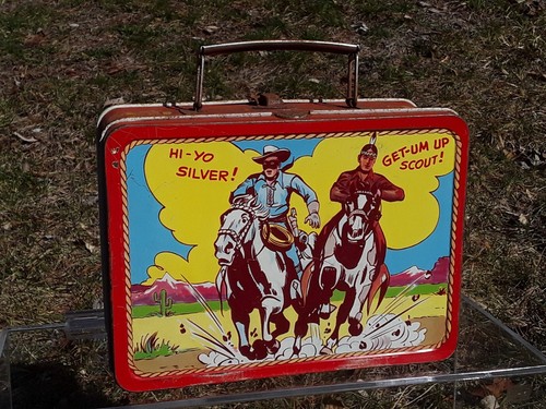 RARE ORIGINAL 1955 LONE RANGER METAL ADCO RED BAND LUNCHBOX UNRESTORED COWBOY VG - Imagen 5 de 8