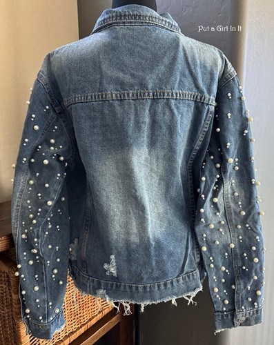 New VOCAL Womens PEARL DENIM BLUE DISTRESSED JEAN JACKET BOHO S M L XL CLASSIC - Picture 4 of 9
