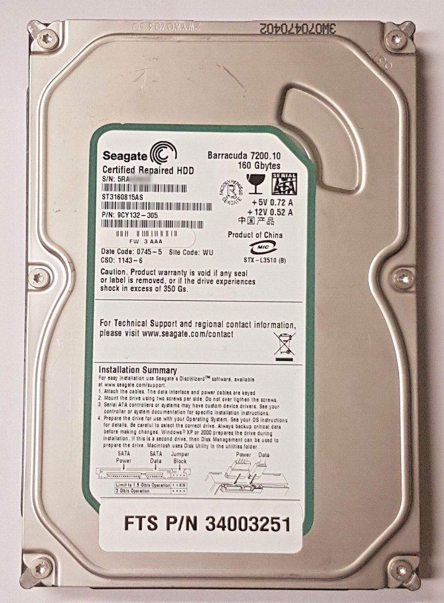 PCパーツ Seagate Barracuda ST3160815AS 160GB 7200 RPM 8MB Cache SATA 3.0Gb/s Hard Drive bme6fzu Amazon.com: SEAGATE Barracuda ST3160815AS 160GB 7200 RPM 8MB