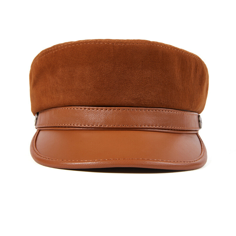 Women Men Sheepskin Leather Newsboy Hat Military Cap Mariner Breton