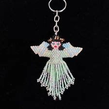 Huichol Beaded Angel Keychain Green Blue Keyring Handmade Mexican Folk Art