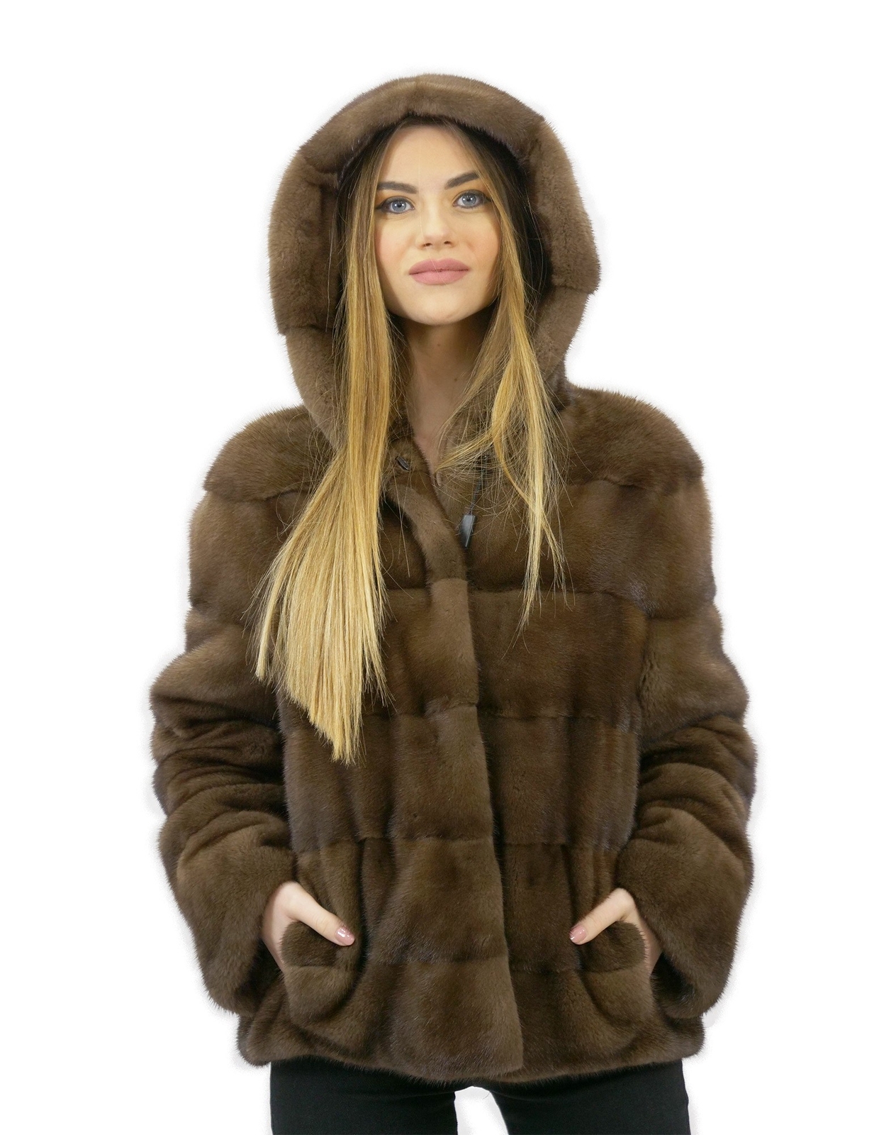 48-inch horizontal mink fur jacket with brown hood, 62 cm length and external pockets