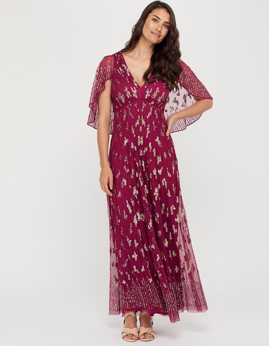 Monsoon Keira Adornado Capa Maxi Vestido Rojo Granate Oro Lentejuelas 10 6  38 | eBay