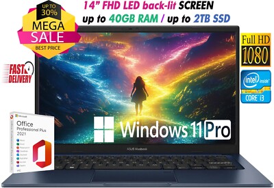 ASUS Laptop 14'' FHD Intel i3-1215U Up to 40GB RAM & 2TB SSD Windows11 Pro+OFFICE