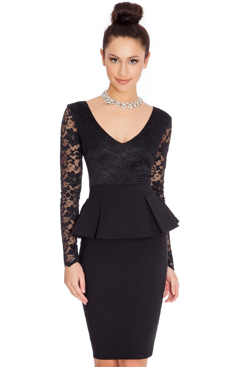 Ladies 50's Lace Peplum Dress Womens Black Vintage Bodycon