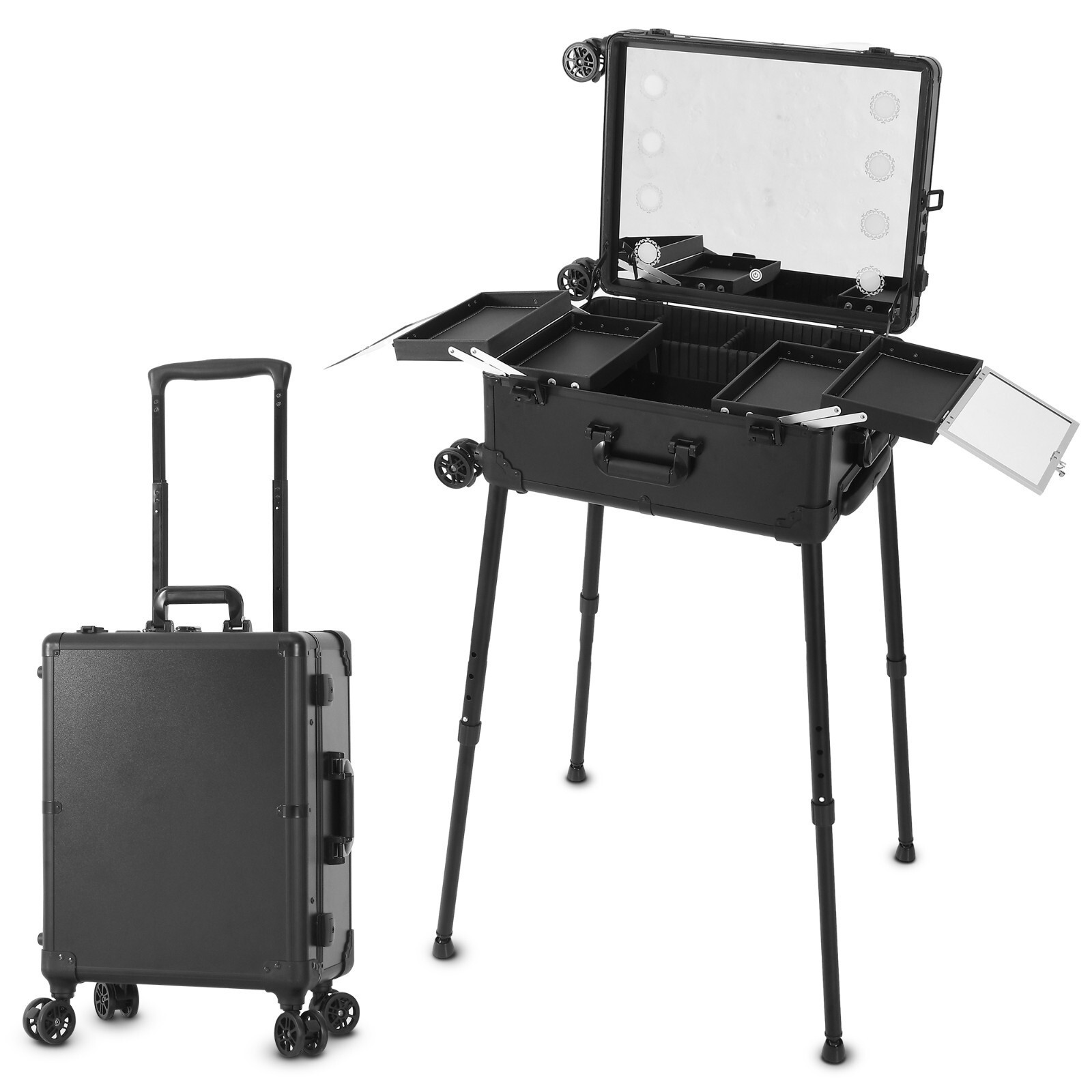 EasyinBeauty 22"" Aluminio Carro Maquillaje Rodante Tren Estuche Luz LED Espejo