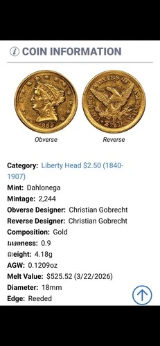 1859 Liberty Head $2.5 Gold Coin (D)  Shipping In The US