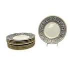 Set Of 12 Wedgwood Bone China Desert Saucer Black Print Gold Trim Plates