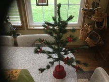 VTG 1960’s  Feather Christmas Tree Red Berries Red Bell Shape Plastic Stand 20”