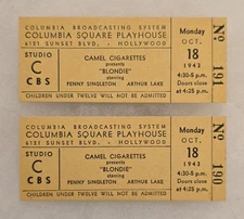10/18/1943 "Blondie"  - (2) CBS Studio TV Tickets -Penny Singleton & Arthur Lake