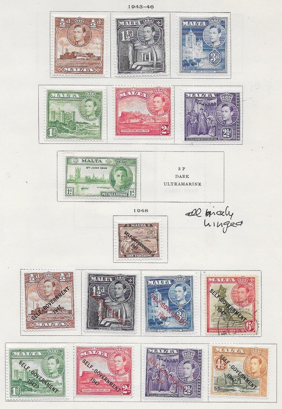 16 Malta Stamps from Quality Old Antique Album 1943-1948