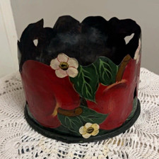 Vintage Painted Metal Tin Apples Flowers Toleware Plant Holder