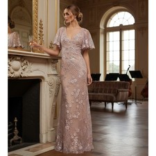 Mac Duggal Rose Pink Embroidered Lace Gown Size 10 NWT Nude Base w/ Sequins