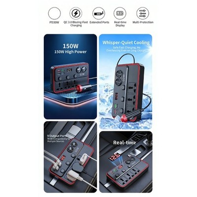 Intelligent Vehicle Power Inverter With Voltages Display And 9Device Charging