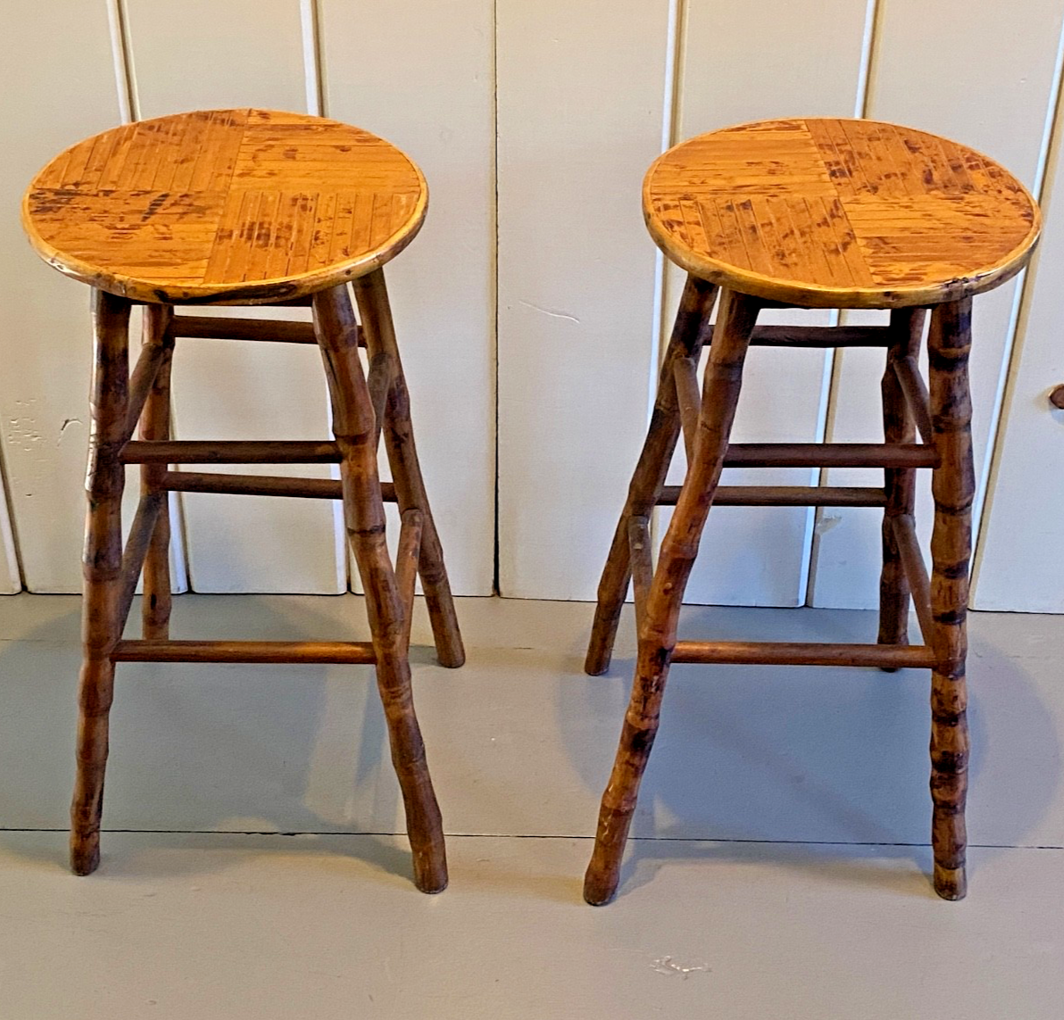 Vintage Burnt Tortoise Bamboo Rattan bar stools Pair Plant Stands