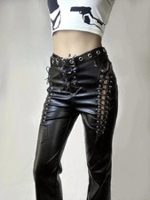 NEW Black Leather pants Straight High Waist Trousers Lace Up Cut out bottom pant