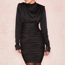 House of CB NEW Women's XS Black Giorgiana Satin Ruched Long Sleeve Mini Dress