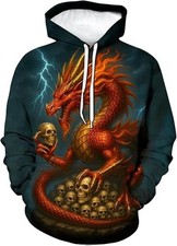 3D Flame Skull Dragon Hoodie Gothic Fantasy Pullover Sweatshirt Unisex