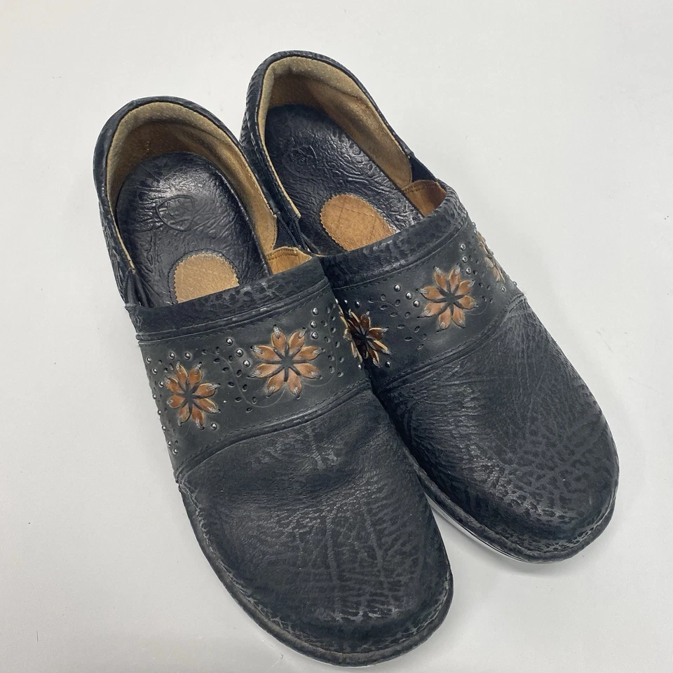 ARIAT Bella Black Leather Clogs Shoes Womens Size 10 B Floral Studded - Image 2 of 4