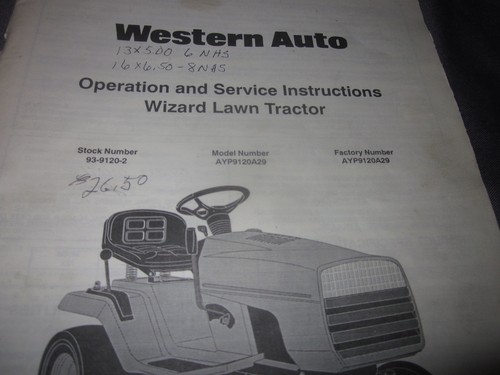 Original WESTERN AUTO WIZARD LAWN TRACTOR #AYP912OA29 Operation SERVICE MANUAL - Picture 2 of 8