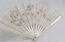 Vintage/Antique Hand Fan Wood  Painted Fabric Cloth Material Floral Flowers