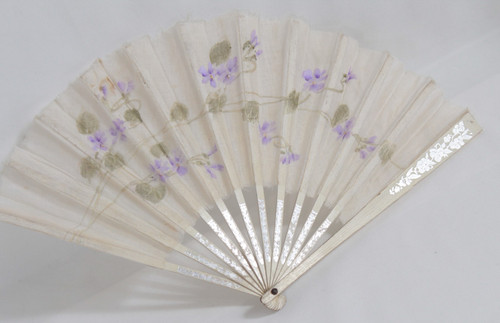 Vintage/Antique Hand Fan Wood & Painted Fabric Cloth Material Floral Flowers