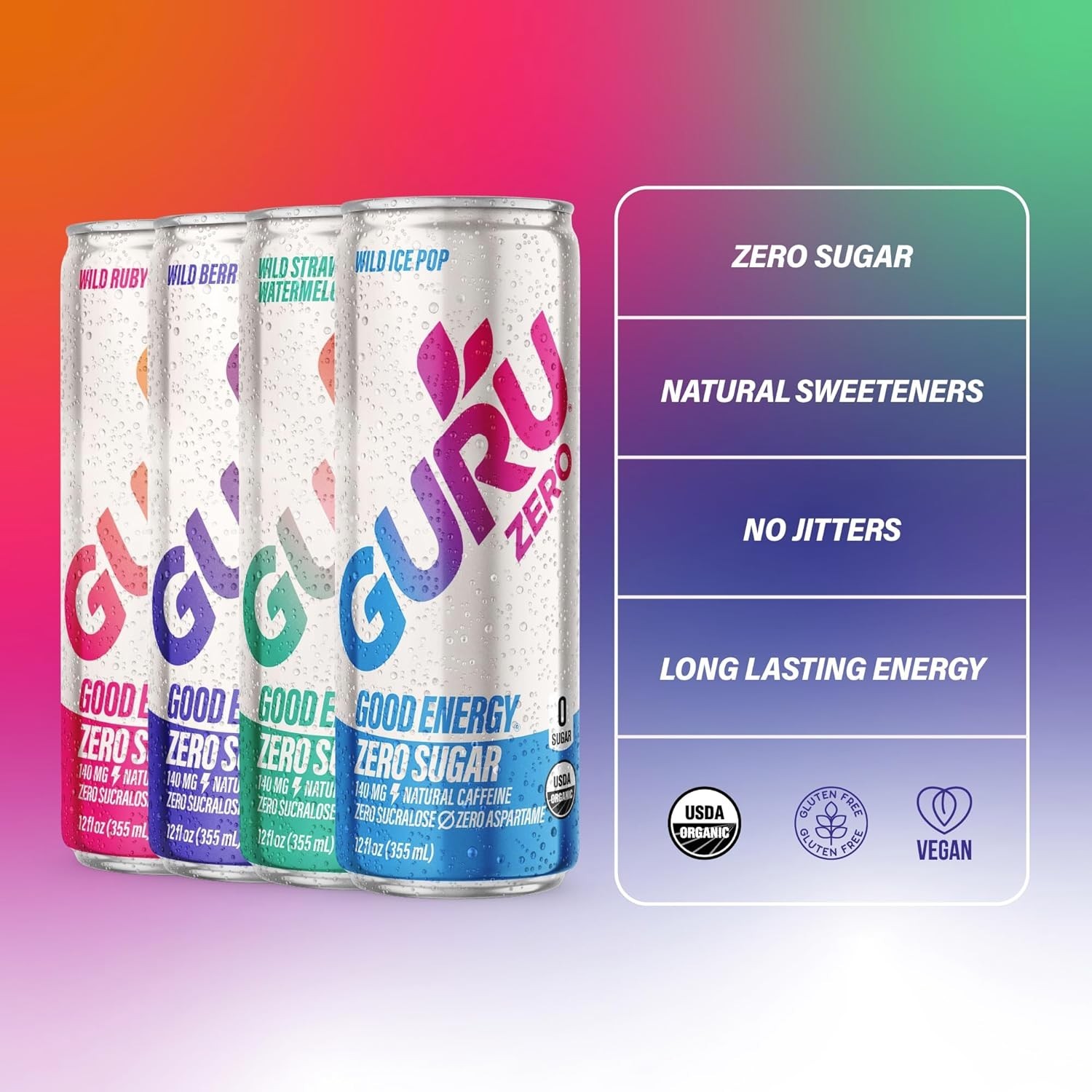 Low Calorie  Energy Drinks with 140mg Natural Caffeine, 4 Flavors, 12 Cans