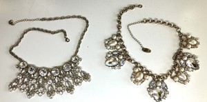 Vintage Lot 2  Gold Tone Rhinestone Faux Pearl Dangles Chain Chunky Necklaces